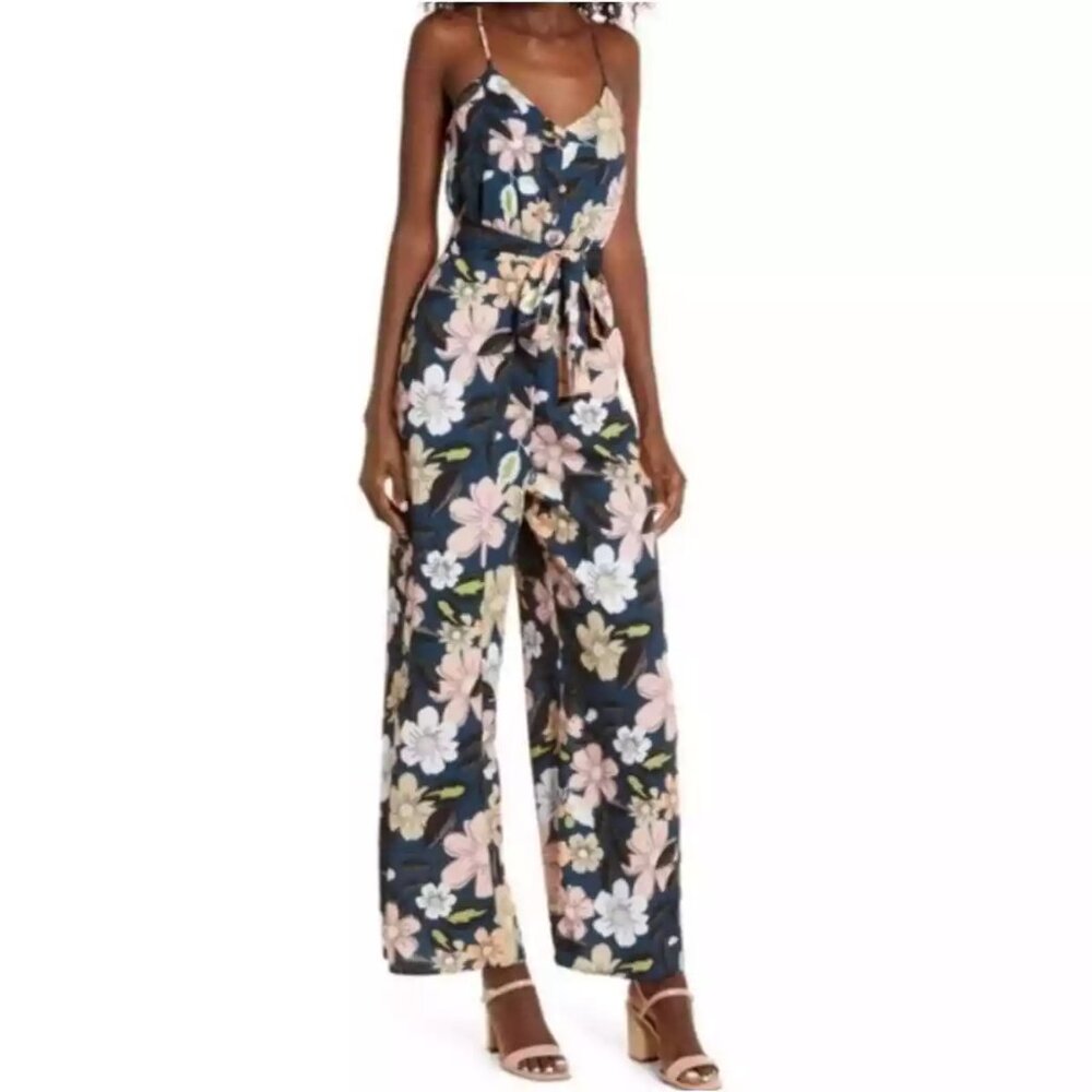 Chelsea28 Floral Wide Leg Jumpsuit Teal Fall Bouquet
